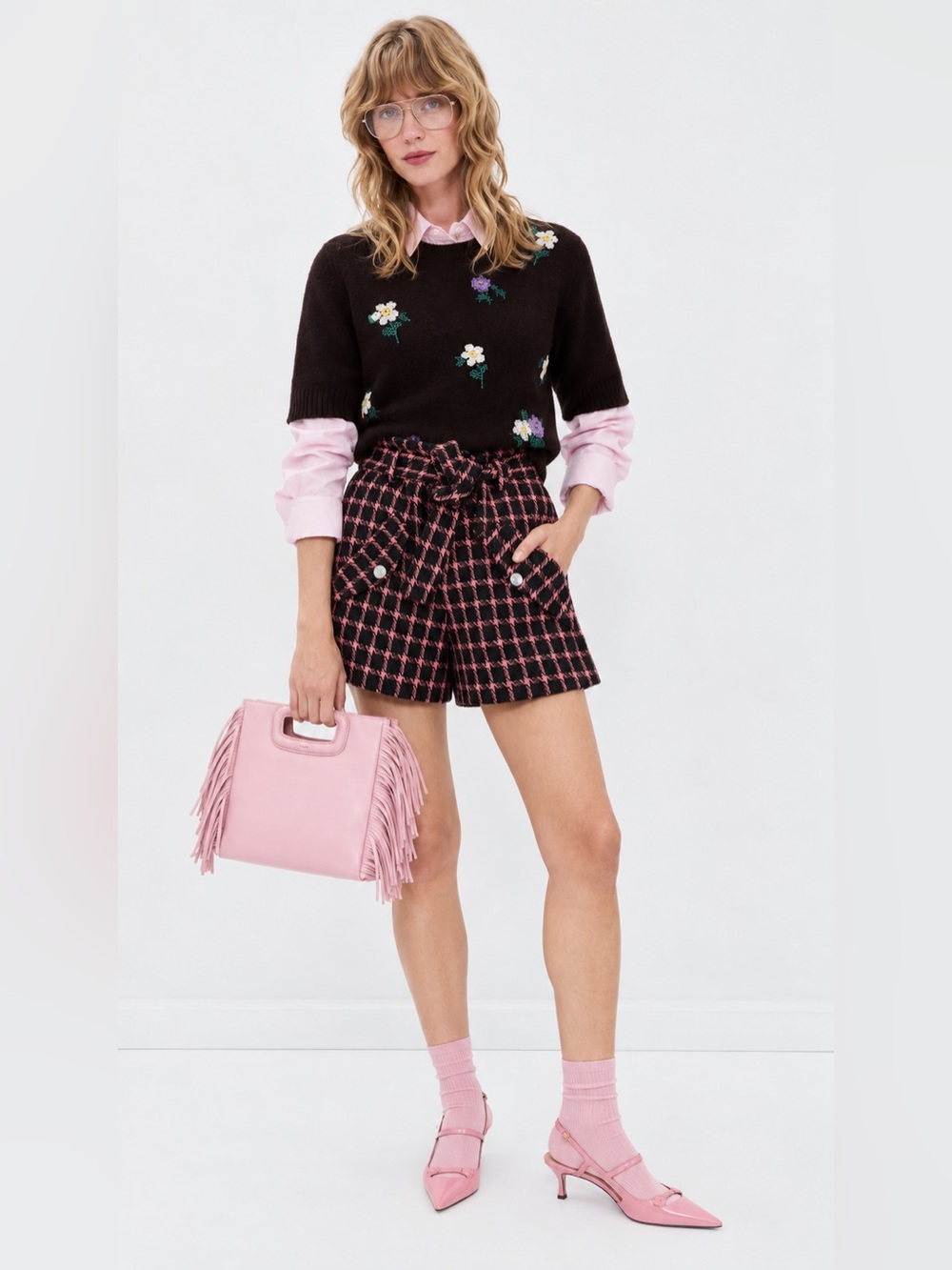 MAJE Black/Pink Tweed Paper bag Waist Checkered Shorts